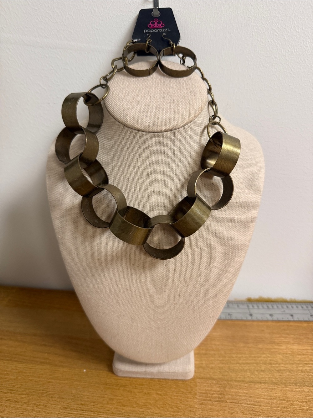 Brass tone large chunky circle chain necklace and earring set